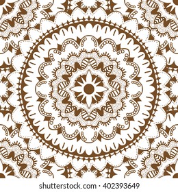 Brown Ornate, eastern mandalas seamless pattern. Vector, round, isolated on a white background.
