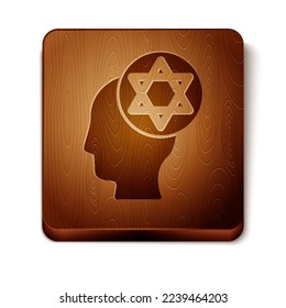 Brown Orthodox jewish hat icon isolated on white background. Jewish men in the traditional clothing. Judaism symbols. Wooden square button. Vector