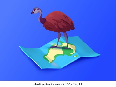 Avestruz marrón se encuentra en el mapa de papel doblado geométrico de Australia con masas de tierra verdes y amarillas sobre fondo azul. Vector EMU, naturaleza y Elementos de cartografía para materiales educativos de geografía.