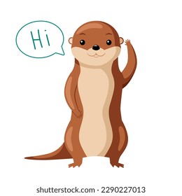 Brown otter cute animal character: Hi, Hey, Hello, welcome emotions, waving hand. Baby otter animal cartoon illustration for children. Vector illustration