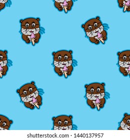 brown otter happy drinking ice cream, funny animals beaver pet cute seamless pattern cartoon style with blue background