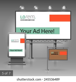 Brown outdoor advertising design for corporate identity with green and orange elements. Stationery set
