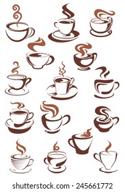 Brown outline cups full of aromatic hot coffee, cappuccino, espresso, latte or chocolate with swirls of steam above them for coffee house and restaurant menu design