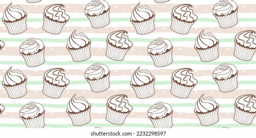 Brown outline muffins with cream on a soft striped background. Endless texture with cupcakes. Vector seamless pattern for bakery, cafe, sweet shop, pastry shop, confectionery, surface texture or print