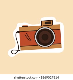 Brown outline vintage camera on beige background. Concept of doodle hipster stylish photography for poster, banner, ads, sticker, clipart. Flat cartoon vector illustration