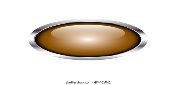 Brown oval button with a silver frame. Vector, transparent background