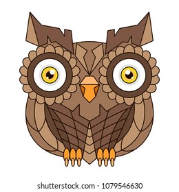 Brown owl with big eyes and feathers vector illustration