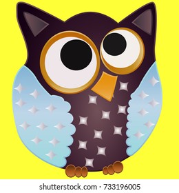 Brown owl with blue wings in stars and eyes centered on the center