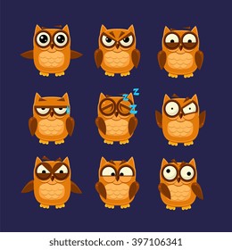 Brown Owl Emoji Collection Flat Vector Cartoon Style Funny Drawing On Dark Blue Backgroud