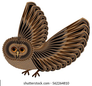 Brown owl is flying in the white background