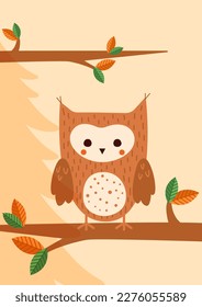 Brown owl in forest banner. Charmng bird with wings and feathers stands on tree branch. Design element for invitation and greeting postcard. Cartoon flat vector illustration