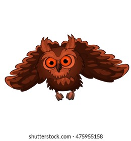 Brown owl isolated on white background. Vector cartoon close-up illustration.