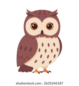 A brown owl with large orange eyes stands facing forward against a white background.