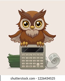 Brown owl on calculator with money and a bill behind. Vector cute owl with big yellow eyes sitting on calculator.