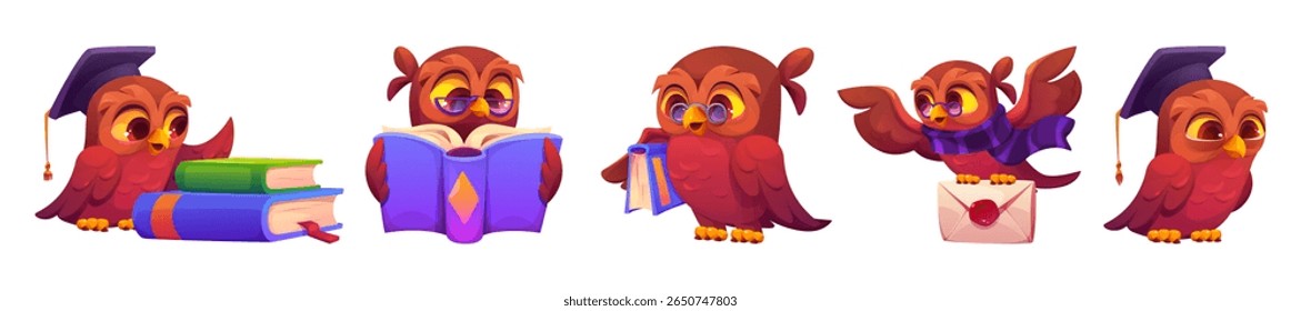 Conjunto de personagens da escola de coruja marrom - pássaro de desenho animado com boné de formatura segurando livros, lendo livro didático, carregando pilha de cadernos, voando com envelope e erudito de pé. Mascotes educacionais bonitos.