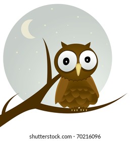 A brown owl sits in a tree with the stars and moon in the background.