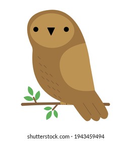 Brown owl sitting on a branch with leaves on a white background, vector illustration