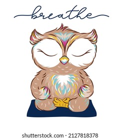 brown owl sitting vector drawing practicing yoga with white background and letter