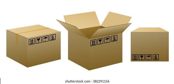 brown packaging boxes with warning signs