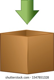 Brown packing box with down arrow. Vector icon.