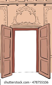 Brown pair of open doors surrounded by ornate rococo architecture design