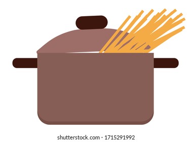 Brown pan with lid isolated on white background. Utensil used to hold, cook and boil ingredients, food. Pasta or spaghetti boiling in stewpan. Vector illustration of cooking process in flat style