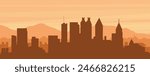 Brown panoramic poster of the city skyline with misty background buildings, sunrise, clouds and mountains of ATLANTA, UNITED STATES