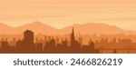 Brown panoramic poster of the city skyline with misty background buildings, sunrise, clouds and mountains of SAN FRANCISCO, UNITED STATES