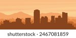 Brown panoramic poster of the city skyline with misty background buildings, sunrise, clouds and mountains of PHOENIX, UNITED STATES