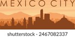 Brown panoramic poster of the city skyline with misty background buildings, sunrise, clouds and mountains of MEXICO CITY, MEXICO