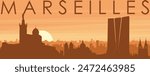 Brown panoramic poster of the city skyline with misty background buildings, sunrise, clouds and mountains of MARSEILLES, FRANCE