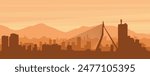 Brown panoramic poster of the city skyline with misty background buildings, sunrise, clouds and mountains of ROTTERDAM, NETHERLANDS