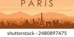 Brown panoramic poster of the city skyline with misty background buildings, sunrise, clouds and mountains of PARIS, FRANCE