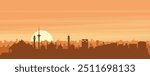 Brown panoramic poster of the city skyline with misty background buildings, sunrise, clouds and mountains of NEW DELHI, INDIA