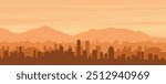 Brown panoramic poster of the city skyline with misty background buildings, sunrise, clouds and mountains of MIAMI, UNITED STATES