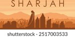 Brown panoramic poster of the city skyline with misty background buildings, sunrise, clouds and mountains of SHARJAH, UNITED ARAB EMIRATES