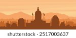Brown panoramic poster of the city skyline with misty background buildings, sunrise, clouds and mountains of REGINA, CANADA