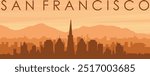 Brown panoramic poster of the city skyline with misty background buildings, sunrise, clouds and mountains of SAN FRANCISCO, UNITED STATES