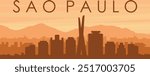 Brown panoramic poster of the city skyline with misty background buildings, sunrise, clouds and mountains of SAO PAULO, BRAZIL