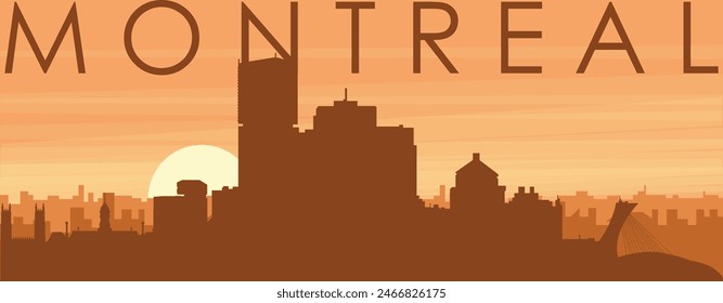Brown panoramic poster of the city skyline with misty background buildings, sunrise, clouds and mountains of MONTREAL, CANADA