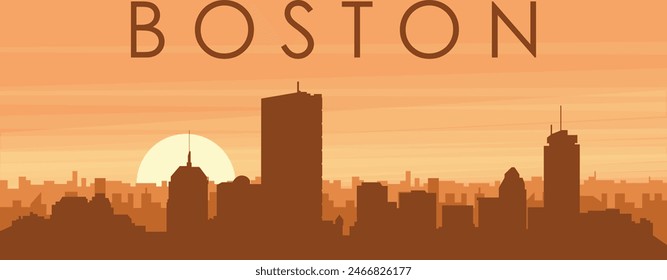 Brown panoramic poster of the city skyline with misty background buildings, sunrise, clouds and mountains of BOSTON, UNITED STATES