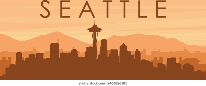 Brown panoramic poster of the city skyline with misty background buildings, sunrise, clouds and mountains of SEATTLE, UNITED STATES