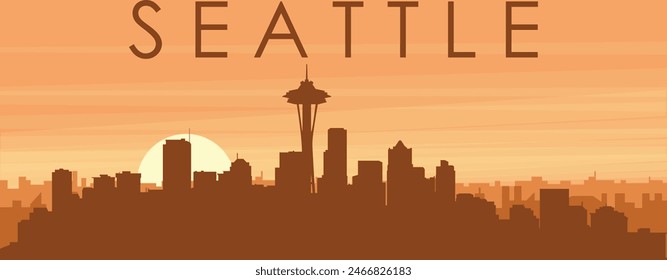 Brown panoramic poster of the city skyline with misty background buildings, sunrise, clouds and mountains of SEATTLE, UNITED STATES