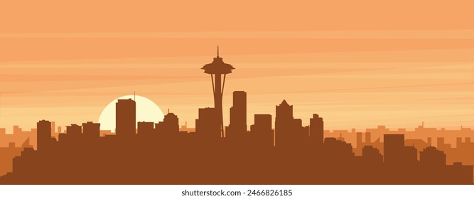 Brown panoramic poster of the city skyline with misty background buildings, sunrise, clouds and mountains of SEATTLE, UNITED STATES