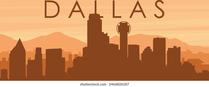 Brown panoramic poster of the city skyline with misty background buildings, sunrise, clouds and mountains of DALLAS, UNITED STATES