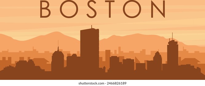 Brown panoramic poster of the city skyline with misty background buildings, sunrise, clouds and mountains of BOSTON, UNITED STATES