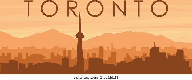 Brown panoramic poster of the city skyline with misty background buildings, sunrise, clouds and mountains of TORONTO, CANADA