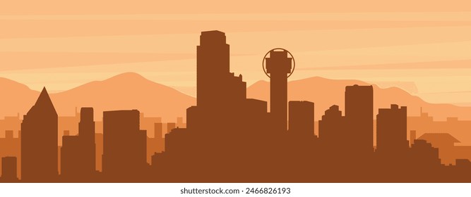 Brown panoramic poster of the city skyline with misty background buildings, sunrise, clouds and mountains of DALLAS, UNITED STATES