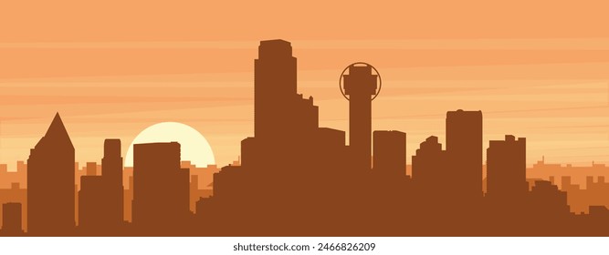 Brown panoramic poster of the city skyline with misty background buildings, sunrise, clouds and mountains of DALLAS, UNITED STATES