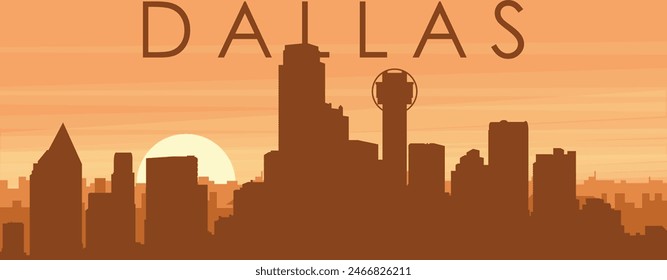 Brown panoramic poster of the city skyline with misty background buildings, sunrise, clouds and mountains of DALLAS, UNITED STATES